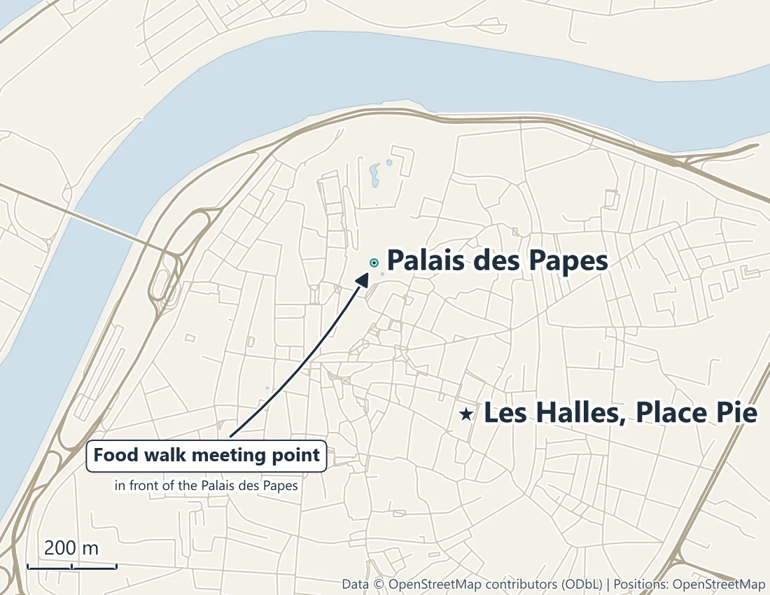 Map of central Avignon marking the food walk meeting point in front of the Palais des Papes and Les Halles on Place Pie