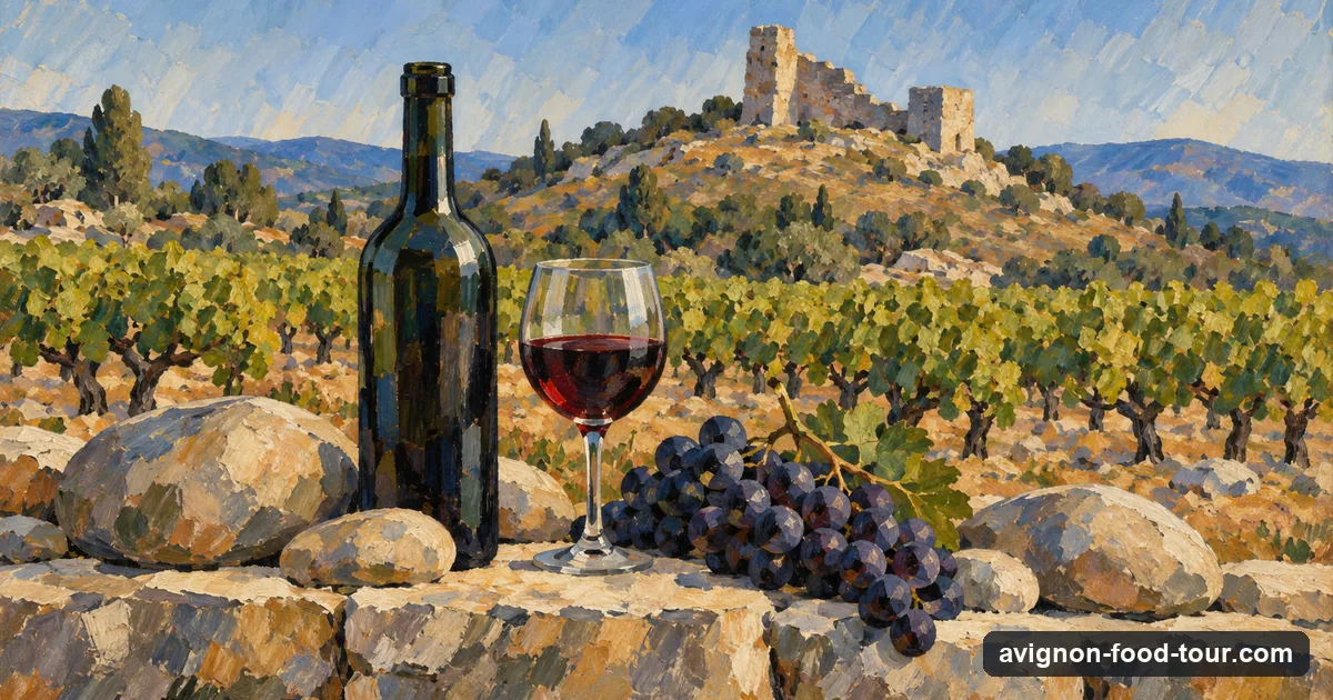 Illustration in the manner of Cézanne: red wine, grapes and rounded stones on a vineyard wall below a ruined hilltop castle