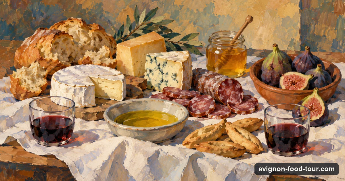 Illustration in the manner of Cézanne: a tasting spread of cheese, cured sausage, bread, olive oil, biscuits, figs and red wine