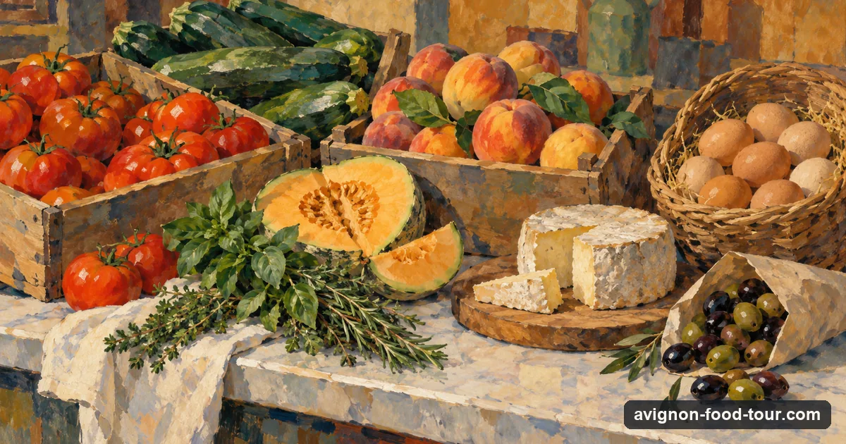 Illustration in the manner of Cézanne: a market counter with tomatoes, peaches, melon, eggs, herbs, cheese and olives