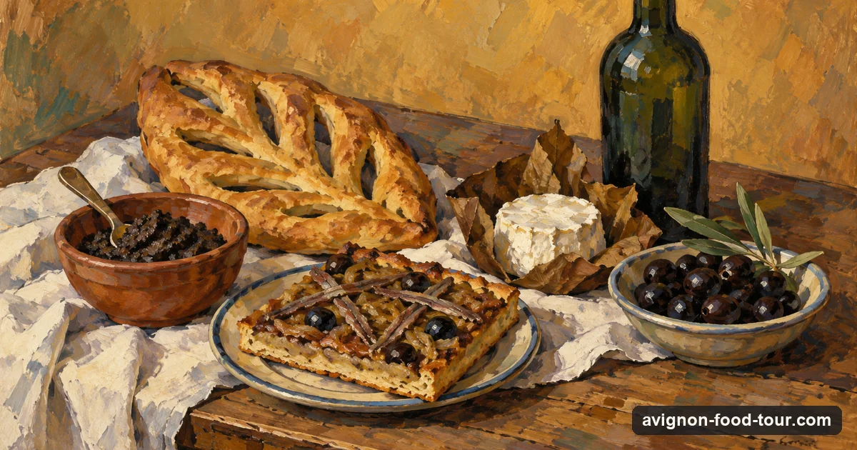 Illustration in the manner of Cézanne: a still life of tapenade, pissaladière, fougasse, a chestnut-leaf goat cheese and olives
