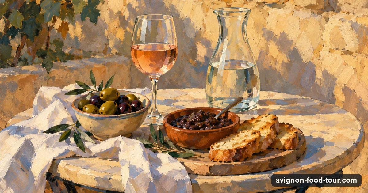 Illustration in the manner of Cézanne: an evening apéritif table with rosé, olives and tapenade on toast